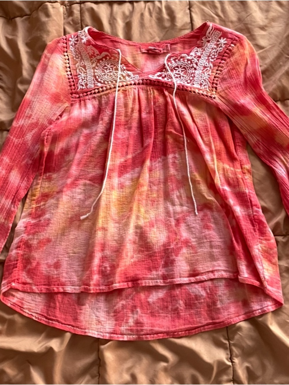 Tie-Dye Peasant Blouse with White Embroidered Yoke